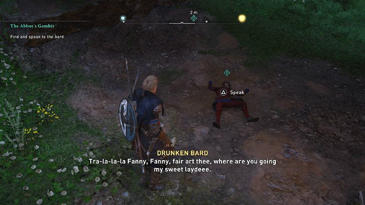 You will find the drunken bard exactly where he was last seen, under the bridge - Assassins Creed Valhalla: The Abbots Gambit - Cent - Assassins Creed Valhalla Guide and Walkthrough