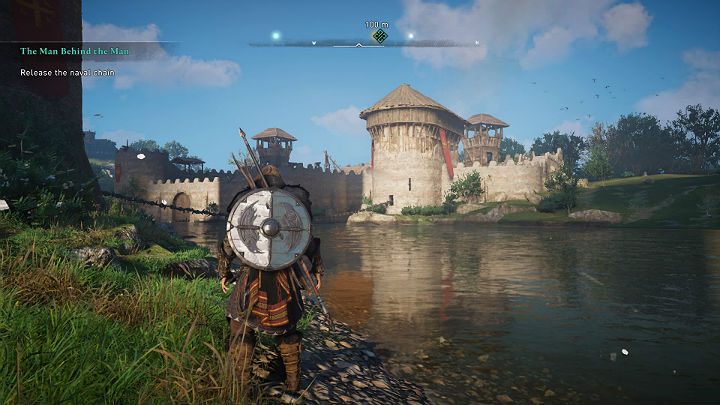 The mechanisms holding the naval chain are in the tower by the river, behind closed doors - Assassins Creed Valhalla: The Man Behind the Man - Cent - Assassins Creed Valhalla Guide and Walkthrough