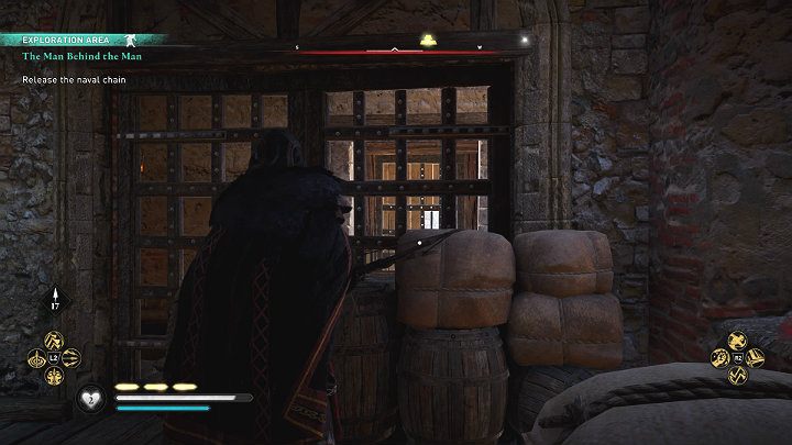 Once you are inside, look through the bars and aim at the blockade that prevents access to the room on the other side of the tower - Assassins Creed Valhalla: The Man Behind the Man - Cent - Assassins Creed Valhalla Guide and Walkthrough