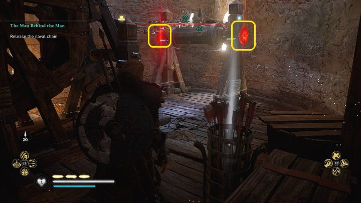 Go down the ladder to the lower level of the tower and shoot two locks on the sides of the reel to lower the naval chain - Assassins Creed Valhalla: The Man Behind the Man - Cent - Assassins Creed Valhalla Guide and Walkthrough