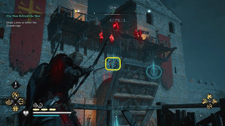 The drawbridge has two weak points on the sides - handles connecting the bridge with chains - Assassins Creed Valhalla: The Man Behind the Man - Cent - Assassins Creed Valhalla Guide and Walkthrough