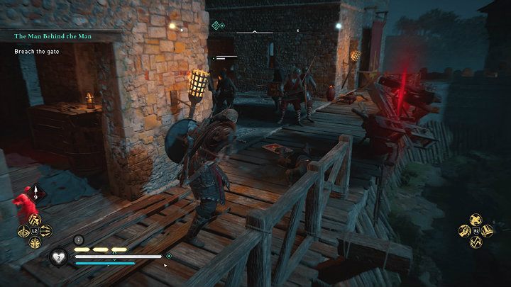 While your warriors move the ram to another blockade, shoot the red jugs standing on the wall above the gate to eliminate a few guards - Assassins Creed Valhalla: The Man Behind the Man - Cent - Assassins Creed Valhalla Guide and Walkthrough
