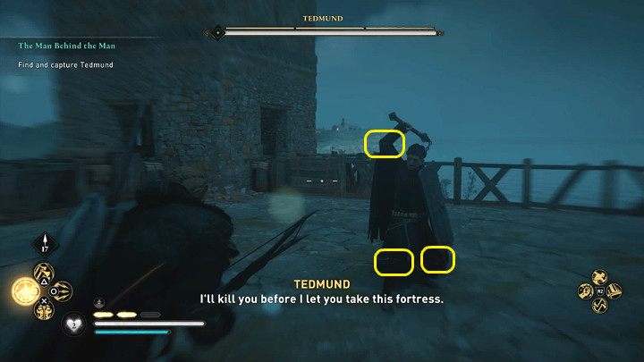 Tedmund fights with a flail and uses a heavy shield to block and parry attacks - Assassins Creed Valhalla: The Man Behind the Man - Cent - Assassins Creed Valhalla Guide and Walkthrough