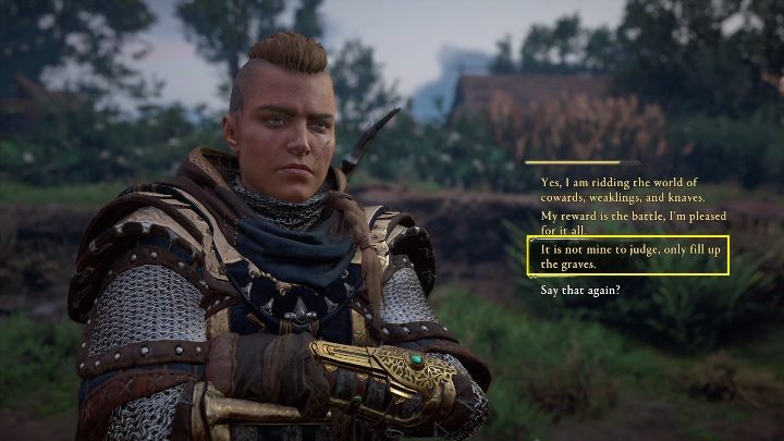 The next answer is number 3 – as a man doesn't support your belligerent nature, you should note that you do not pronounce sentences, but only execute them - Assassins Creed Valhalla: Flyting - Hamtunscire secrets, locations - Hamtunscire - Assassins Creed Valhalla Guide and Walkthrough