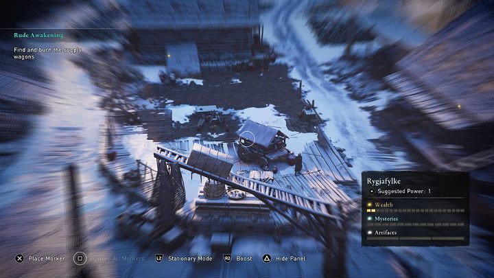 Your main goal is to locate and burn several supply carts – they are located on both sides of the village and also at the very end, near the entrance to the cave - Assassins Creed Valhalla: Rude Awakening - Rygjafylke - Assassins Creed Valhalla Guide and Walkthrough