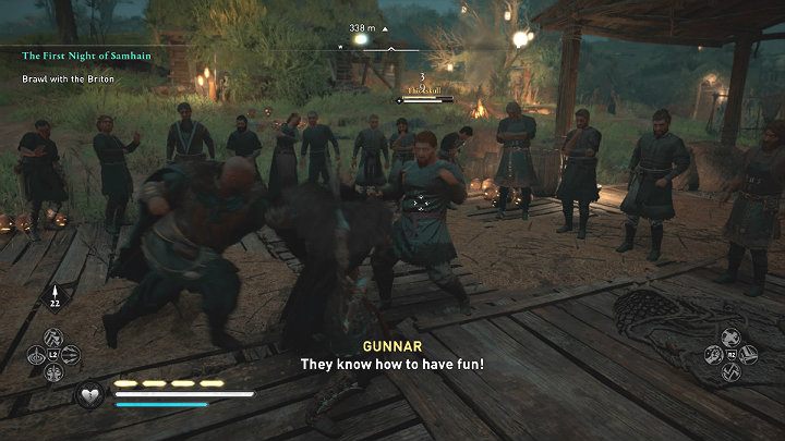 This dispute will not be resolved in a peaceful way, so there will be a rather uneven fight in which you and Gunnar will have to defeat one enemy - Assassins Creed Valhalla: The First Night of Samhain - Glowecestrescire - Assassins Creed Valhalla Guide and Walkthrough