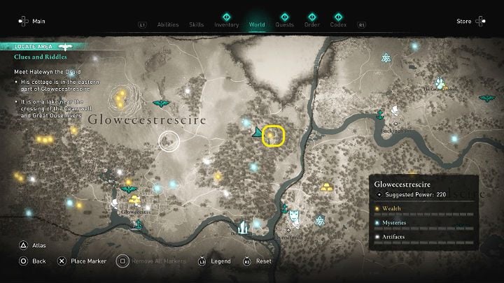 Halewyn's hut is near the lake where the Cearrwell and Great Ouse rivers meet - Assassins Creed Valhalla: Clues and Riddles - Glowecestrescire - Assassins Creed Valhalla Guide and Walkthrough