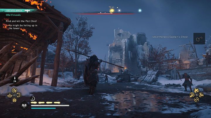 If you proceed through the courtyard and then climb the stairs to the top of the tower, you will attract the guards' attention; hence, the easiest way up is on the structure's external wall - Assassins Creed Valhalla: Old Friends - Snotinghamscire - Assassins Creed Valhalla Guide and Walkthrough