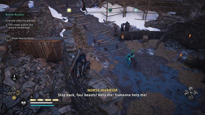 Visitors who make noise and cause problems can be found all over the Hemthorpe settlement, sometimes in unusual places - Assassins Creed Valhalla: Rowdy Raiders - Snotinghamscire - Assassins Creed Valhalla Guide and Walkthrough