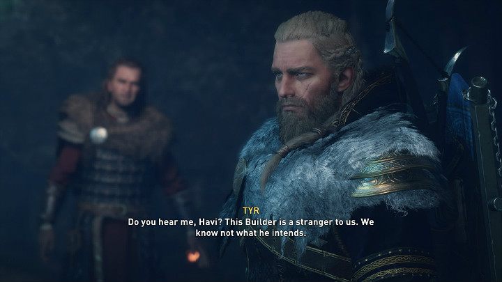In the spacious grotto, you'll run into Tyr, who speaks about the Builder's request with concern - Assassins Creed Valhalla: Well-Traveled - Asgard - Assassins Creed Valhalla Guide and Walkthrough