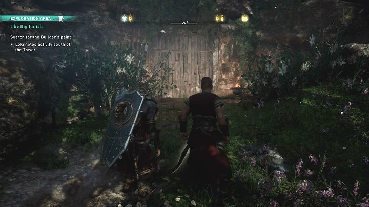 You will reach a cave entrance covered by a makeshift, wooden door - Assassins Creed Valhalla: The Big Finish - Asgard - Assassins Creed Valhalla Guide and Walkthrough