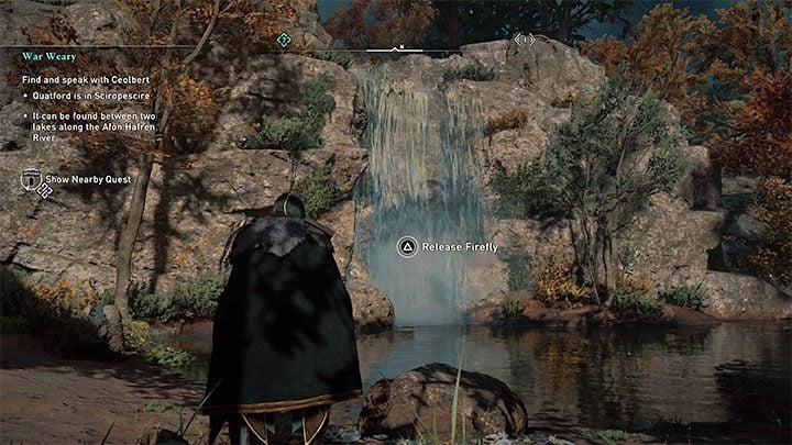 You can release the firefly in the place shown in the picture in Ravensthorpe - the area around the waterfall and Valka's hut at the back of the main building of the settlement - Assassins Creed Valhalla: How to unlock Twinkle Twinkle trophy? - Trophy guide - Assassins Creed Valhalla Guide and Walkthrough
