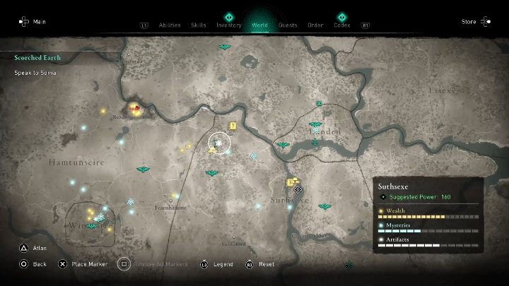 The location of the cursed place: in the northern part of the region - Assassins Creed Valhalla: Cursed Symbol - Suthsexe secrets, locations - Suthsexe - Assassins Creed Valhalla Guide and Walkthrough