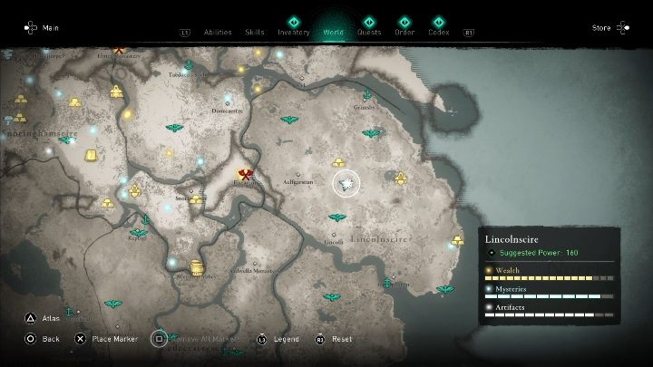 The location of the cursed place: east of Aelfarstun - Assassins Creed Valhalla: Cursed Symbol - Lincolnscire secrets, locations - Lincolnscire - Assassins Creed Valhalla Guide and Walkthrough