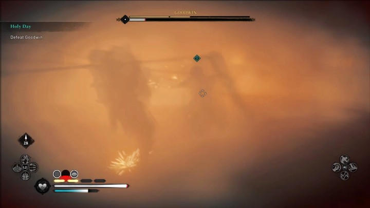 When your enemy's health drops to a low level, he will use the Hellfire skill, which will obscure your visibility slightly, but you may still go on with the fight - Assassins Creed Valhalla: Goodwin boss fight - how to win? - Bosses - Assassins Creed Valhalla Guide and Walkthrough