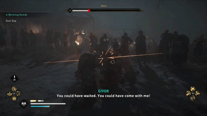 Dag's special attacks are indicated by a yellow flash of runes and can be blocked or parried without any damage - Assassins Creed Valhalla: A Brewing Storm - Ravensthorpe - Assassins Creed Valhalla Guide and Walkthrough