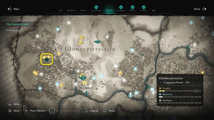 From Cynon you've learned, that Modron took Tewdwr to her temple in the Aelfwood forest - Assassins Creed Valhalla: The Gutted Lamb - Glowecestrescire - Assassins Creed Valhalla Guide and Walkthrough