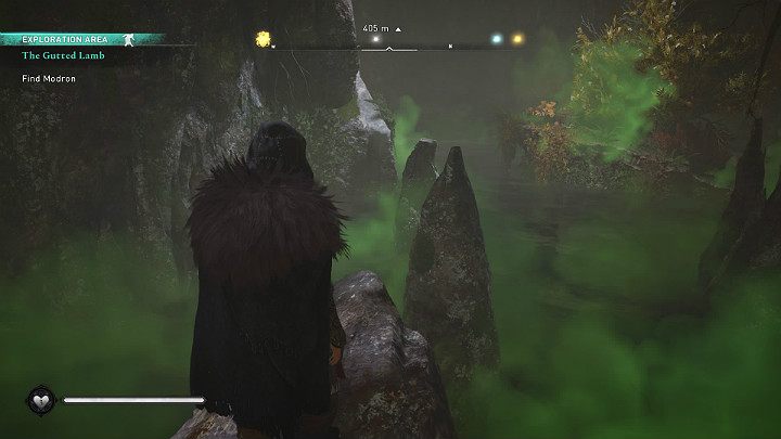 Jump over stalagmites and slide over the narrow ledge to walk through a cave filled with poisonous fumes - Assassins Creed Valhalla: The Gutted Lamb - Glowecestrescire - Assassins Creed Valhalla Guide and Walkthrough
