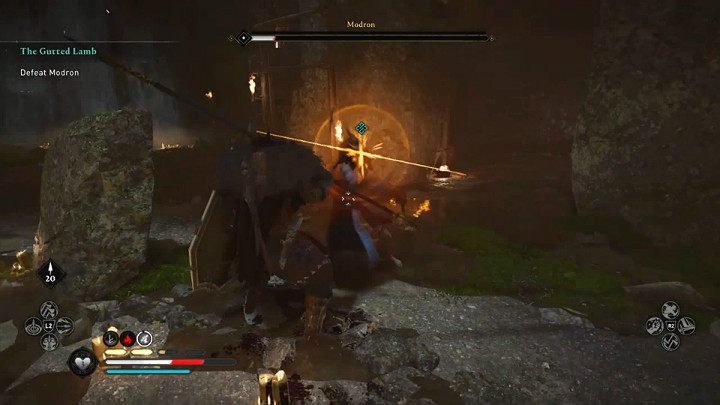 A yellow flash of runes indicates the vast majority of additional Modron's attacks - these can be blocked or warded off - Assassins Creed Valhalla: The Gutted Lamb - Glowecestrescire - Assassins Creed Valhalla Guide and Walkthrough