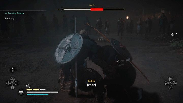 The stun opens the possibility of a very powerful attack, which will deplete about 1/5th of Dag's health bar - Assassins Creed Valhalla: Dag boss fight - how to win? - Bosses - Assassins Creed Valhalla Guide and Walkthrough