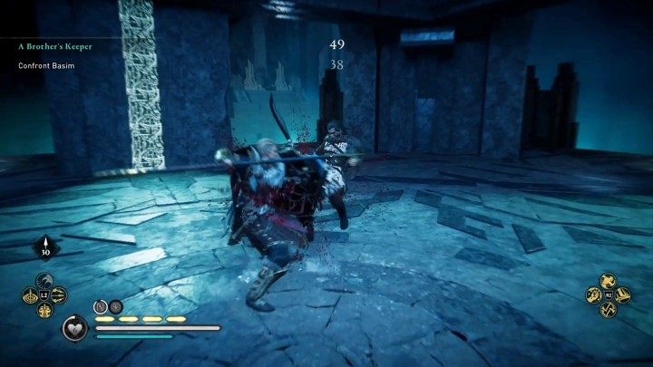 Basim will start the fight by attacking from above and will attempt to jump on Eivor from the upper level of the temple - Assassins Creed Valhalla: Basim boss fight - how to win? - Bosses - Assassins Creed Valhalla Guide and Walkthrough