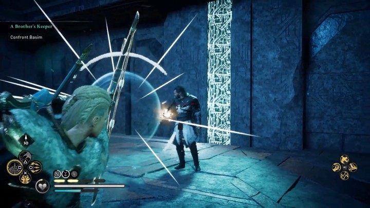 Continue fighting until the platform starts going down - at this point Basim will be able to block projectiles with his weapon (showcased in the above image), so it's a good idea to switch to melee combat - Assassins Creed Valhalla: Basim boss fight - how to win? - Bosses - Assassins Creed Valhalla Guide and Walkthrough