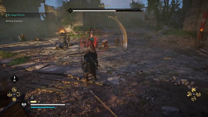 Watch out for the rune's red flash and the powerful overhead strike - this attack can't be blocked, so you have to dodge it - Assassins Creed Valhalla: Eadwyn boss fight - how to win? - Bosses - Assassins Creed Valhalla Guide and Walkthrough