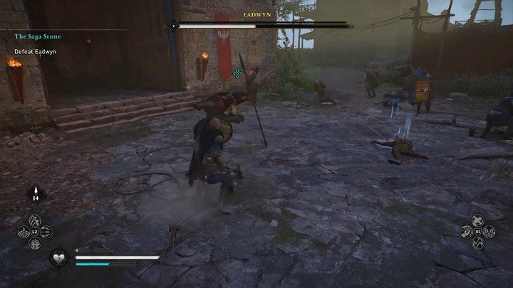 Eadwyn uses some unusual techniques, such as kick after launching into the air using a spear, and can even set up mines on a battlefield - Assassins Creed Valhalla: Eadwyn boss fight - how to win? - Bosses - Assassins Creed Valhalla Guide and Walkthrough