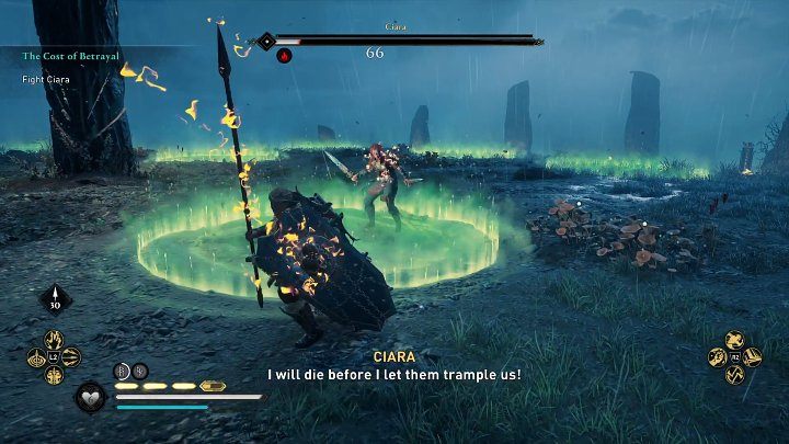 At some point, green circles will start to appear in the arena - when you stand on them, Eivor will take damage - AC Valhalla: Wrath of the Druids: The Cost of Betrayal - Walkthrough - Assassins Creed Valhalla Guide and Walkthrough