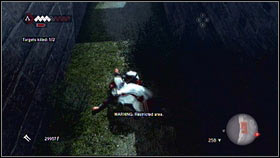 While standing on the edge, find your target [1] and eliminate him from above [2] - Assassins Contracts - p. 1 | Side Quests - Side Quests - Assassins Creed: Brotherhood Game Guide & Walkthrough