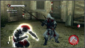 To get the full synchronization, kill one man [1], take his weapon (B) and kill another one [2] - Assassins Contracts - p. 1 | Side Quests - Side Quests - Assassins Creed: Brotherhood Game Guide & Walkthrough