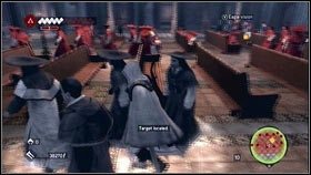Use your Eagle Vision to localize your target [1] and stand among cardinals that will be standing near the entrance [2] - Romulus Lairs - p. 6 | Side Quests - Side Quests - Assassins Creed: Brotherhood Game Guide & Walkthrough