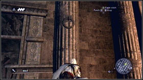 Climb on the wall located left of the statue [1] and then use wooden sticks and iron rings to get further to the left [2] - Romulus Lairs - p. 8 | Side Quests - Side Quests - Assassins Creed: Brotherhood Game Guide & Walkthrough