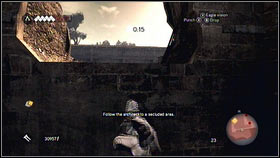 Jump to catch the wooden stick and go straight ahead [1] until you will get to the hole [2] - Leonardos Machines - p. 2 | Side Quests - Side Quests - Assassins Creed: Brotherhood Game Guide & Walkthrough