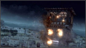 After the execution, climb on the top [1] and press B to set the fire [2] - Borgias Towers | Rome Restoration - Rome Restoration - Assassins Creed: Brotherhood Game Guide & Walkthrough
