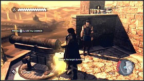 After watching a short cut scene [1] get close to the cannon and press B [2] - Sequence 1 - Peace at Last - p. 1 | Walkthrough - Walkthrough - Assassins Creed: Brotherhood Game Guide & Walkthrough