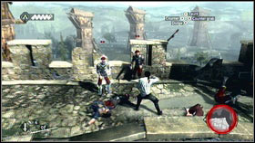 Jump down on the other side [1] and then kill all enemies using your counterattacks [2] - Sequence 1 - Peace at Last - p. 2 | Walkthrough - Walkthrough - Assassins Creed: Brotherhood Game Guide & Walkthrough