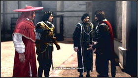 Now use the ladder to get upstairs [1] and listen to the conversation [2] - Sequence 4 - Den of Thieves - p. 1 | Walkthrough - Walkthrough - Assassins Creed: Brotherhood Game Guide & Walkthrough