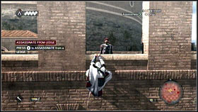 After watching a cut scene, climb on the wall on the right [1] and kill the guard [2] - Sequence 4 - Den of Thieves - p. 1 | Walkthrough - Walkthrough - Assassins Creed: Brotherhood Game Guide & Walkthrough