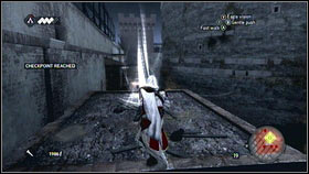 Stay close to the wall [1] and wait until your enemy will get close to the edge - Sequence 4 - Den of Thieves - p. 1 | Walkthrough - Walkthrough - Assassins Creed: Brotherhood Game Guide & Walkthrough