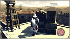 Wait until he will turn round, climb from the western side [1] and hide yourself near chests [2] - Sequence 4 - Den of Thieves - p. 5 | Walkthrough - Walkthrough - Assassins Creed: Brotherhood Game Guide & Walkthrough