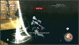 When you will be on the other side of the building, jump down and you will land near some barrels [1] - Sequence 4 - Den of Thieves - p. 5 | Walkthrough - Walkthrough - Assassins Creed: Brotherhood Game Guide & Walkthrough