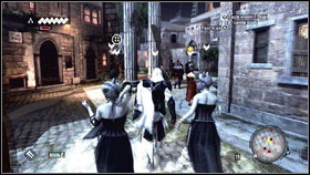 When you will be among the courtesans [1] follow the marked soldier [2] - Sequence 5 - The Banker - p. 2 | Walkthrough - Walkthrough - Assassins Creed: Brotherhood Game Guide & Walkthrough
