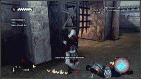 At the beginning climb on the wall located in front of the first gate [1], move left and jump in the same direction - Sequence 6 - The Baron De Valois - p. 1 | Walkthrough - Walkthrough - Assassins Creed: Brotherhood Game Guide & Walkthrough