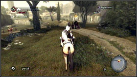 When it will be over, take on your horse [1] and follow your target [2] - Sequence 7 - The Key to the Castello - p. 1 | Walkthrough - Walkthrough - Assassins Creed: Brotherhood Game Guide & Walkthrough