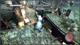 When you will come to the end [1], jump in the direction of the theater and catch the edge by pressing and holding B [2] - Sequence 7 - The Key to the Castello - p. 2 | Walkthrough - Walkthrough - Assassins Creed: Brotherhood Game Guide & Walkthrough