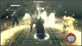 After speaking with Bartolomeo, go to the marked gate where you will have to with with some Borgias soldiers [1] - Sequence 8 - The Borgia - p. 2 | Walkthrough - Walkthrough - Assassins Creed: Brotherhood Game Guide & Walkthrough