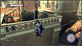 Climb on the building using the wall located on the left [1] and move to the proper position [2] - Courtesans Quests - p. 2 | Side Quests - Side Quests - Assassins Creed: Brotherhood Game Guide & Walkthrough