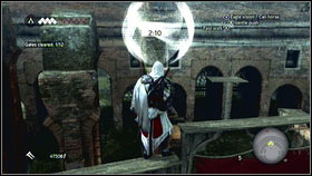 When you will get to the first point, climb on the wooden construction [1] and jump further [2] - Thieves Quests - p. 1 | Side Quests - Side Quests - Assassins Creed: Brotherhood Game Guide & Walkthrough