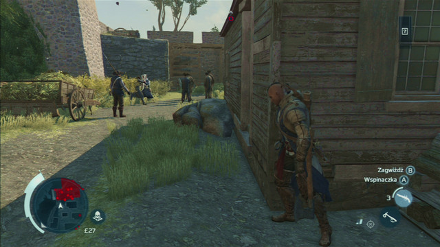 To complete the mission discretely, go round the building from the left, whistle at the nearest enemy and kill him from behind the corner with a hidden blade - Boston - southern district in Assassins Creed III Remastered - Assassin Guild - Assassins Creed III Game Guide & Walkthrough